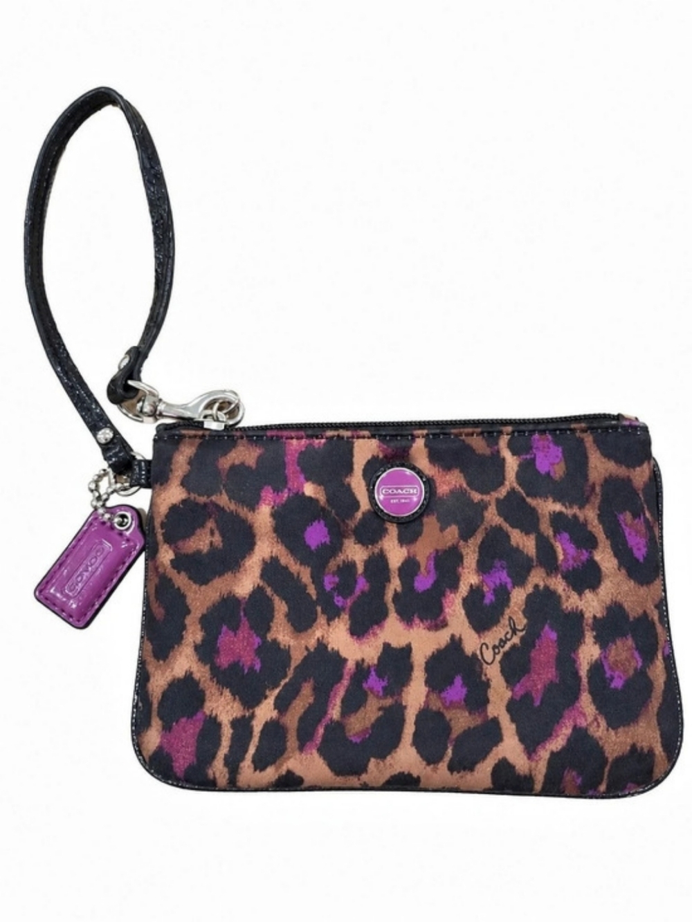 Coach Poppy Ocelot Leopard Print Wristlet in Brown & Purple